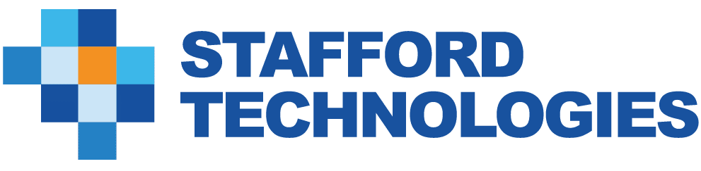 The image displays the official logo of Stafford Technologies, a branding and website development agency. It features a geometric cross-like symbol composed of blue, light blue, and orange squares representing pixels, alongside bold blue text that reads "STAFFORD TECHNOLOGIES." The logo conveys a professional and modern design aesthetic.