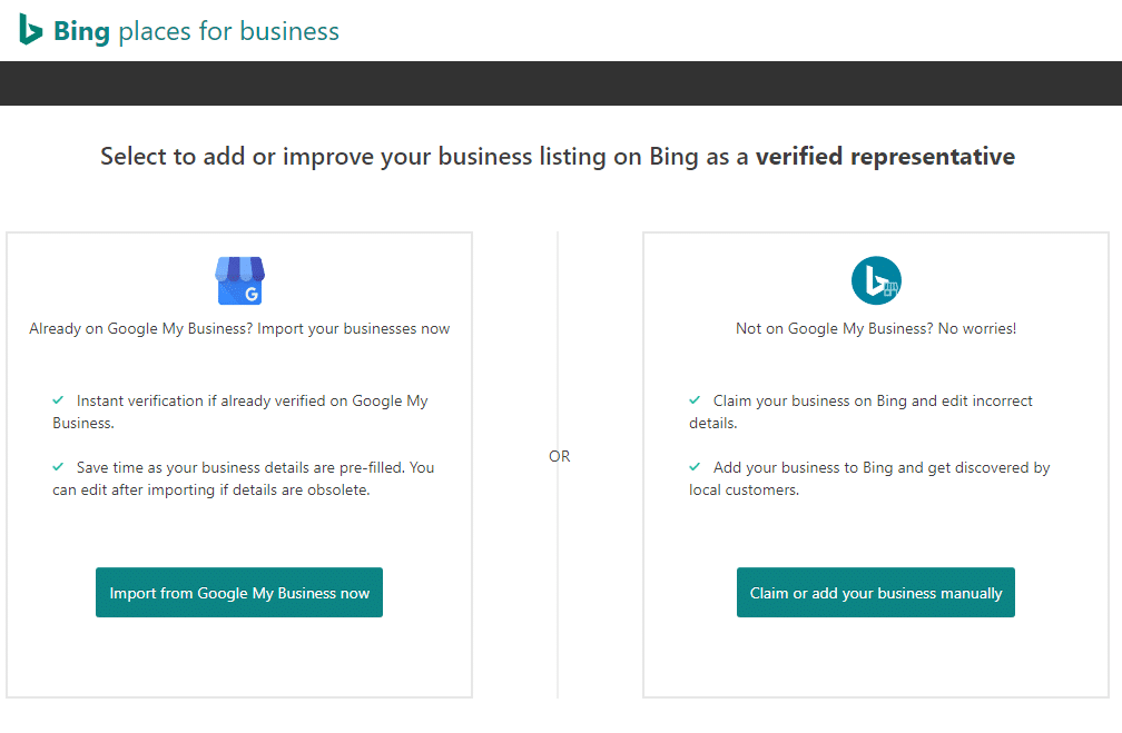 Bing Places for Business opening Page