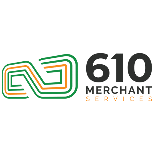 This image shows the logo for **610 Merchant Services**, a **Stafford Technologies** brand. The logo features a stylized orange graphic resembling an **EMV chip** on a green background, symbolizing secure payment technology. The text "610 Merchant Services" is displayed prominently in black with an orange tagline below.