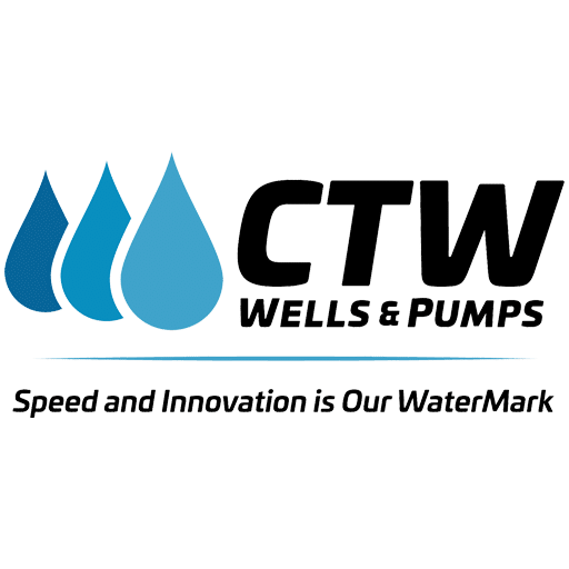 The image features the logo for "CTW Wells & Pumps," with the tagline "a Contractor Websites Plus Customer" and the slogan "Speed and Innovation is Our Water Mark." The design includes blue water droplets and bold black text, emphasizing the company's expertise in water wells and pump services.