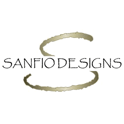 The image showcases the logo for "Sanfio Designs," an interior design and contracting company identified as "a Contractor Websites Plus Customer." The design features elegant gold circular shapes resembling rings or brush strokes, paired with refined black text, reflecting sophistication and creativity in design services.