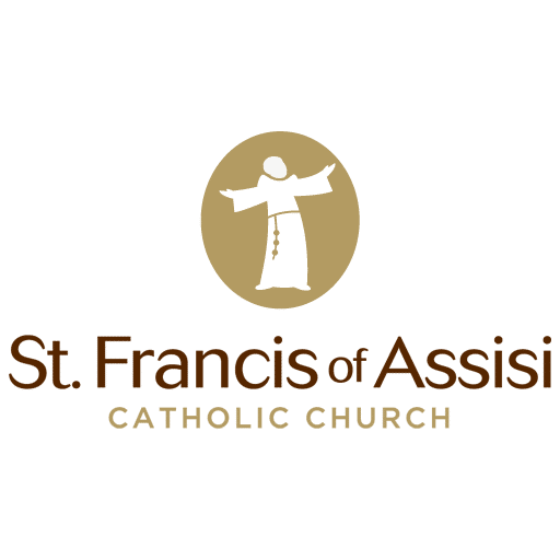 The image displays the logo for St. Francis of Assisi, a Catholic faith community based in Triangle, Virginia, and a Stafford Technologies customer. The design features a simple and elegant depiction of St. Francis with open arms inside a gold circular emblem, paired with warm brown and gold text. It reflects the community's focus on living the Gospel and celebrating Franciscan spirituality in modern life.