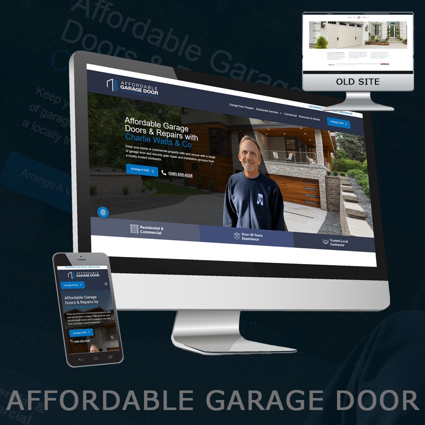 This image showcases a website redesign for "Affordable Garage Door" by Contractor Websites Plus, a Stafford Technologies company. It contrasts the old site (a smaller inset image showing a simpler, outdated design) with the new, modern design featuring a responsive layout displayed on a desktop monitor and smartphone. The updated website highlights the company's services with a professional, user-friendly interface, clear branding, and prominent calls to action like "Arrange a Visit." It emphasizes the business's experience and trustworthiness with features such as "Over 40 Years Experience" and "Trusted Local Contractor."