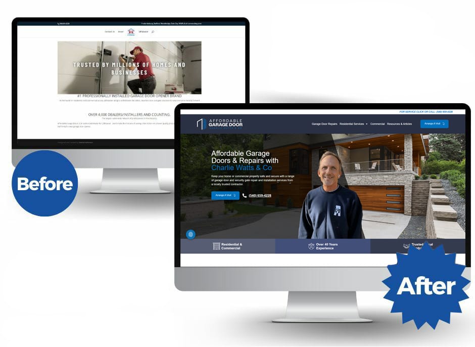 This image showcases the "Before" and "After" transformation of Affordable Garage Door's website, completed using the "Elevate" Showcase Website package. The "Before" design has a generic, minimal layout with limited branding elements, while the "After" design features a fully revamped and professional website. The new design highlights a personalized touch with imagery of the owner, engaging visuals of modern garage doors, improved navigation, and clear calls to action, such as scheduling a visit. It emphasizes the company's experience, trustworthiness, and tailored services, aligning with the Elevate package's focus on a comprehensive brand and website upgrade.