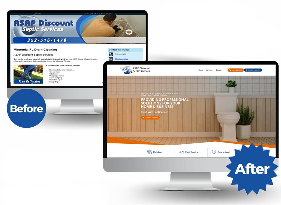 This image illustrates the "Before" and "After" redesign of a website for ASAP Discount Septic Services of Florida, created using the Showcase Website Starter Package. The "Before" design features an outdated, text-heavy layout with minimal visual appeal, while the "After" design showcases a modern, professional look with an organized layout, inviting visuals (e.g., a clean bathroom setting), and clear calls to action, such as contact buttons and service highlights. The redesign emphasizes user-friendly navigation, aesthetic improvements, and branding consistency.